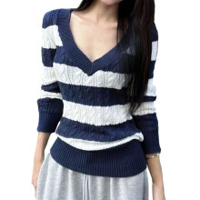 (XL, Navy Blue) Pull d'automne pour femme, coupe ajustée, rayures, manches longues, col en V, maille, style streetwear