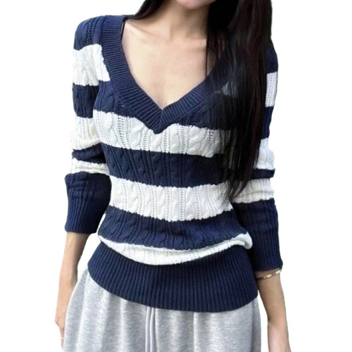 (XL, Navy Blue) Γυναικείο Πουλόβερ Φθινοπώρου Λαιμόκοψη, Streetwear