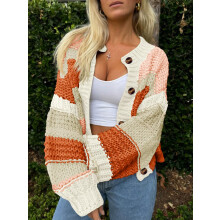 (L, Light Brown) Gilet cardigan en maille pour femme, automne-hiver, style contrasté, col rond, manches longues, fermeture boutonnée