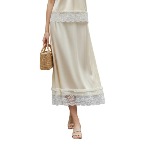 (S, Champagne) Γυναικείες midi φούστες με δαντέλα, casual, λάστιχο, μακριές σατέν.