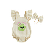 (6-12 Months, Apricot) Completo bambina per festa irlandese con tutina a maniche a sbuffo e fascia con trifoglio. Abbigliamento alla moda.