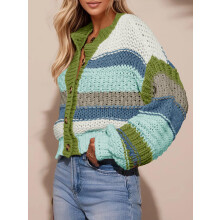 (L, Emerald) Gilet cardigan en maille pour femme, automne-hiver, style contrasté, col rond, manches longues, fermeture boutonnée