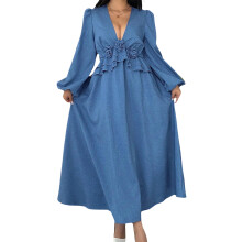 (0XL, Blue) Robe longue femme élégante à manches longues, col V fleuri, coupe ample et décontractée pour le quotidien