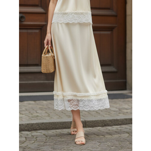 (L, Champagne) Γυναικείες midi φούστες με δαντέλα, casual, λάστιχο, μακριές σατέν. 1