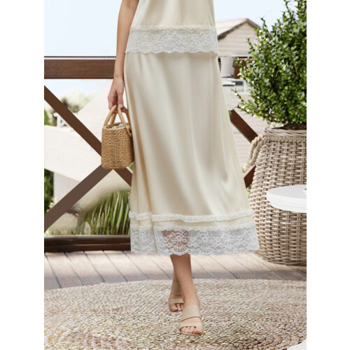 (L, Champagne) Γυναικείες midi φούστες με δαντέλα, casual, λάστιχο, μακριές σατέν. 2