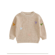 (9-12 Months, Beige) Dievčenský pletený sveter na Valentína s dlhým rukávom, výstrihom do O, srdiečkami a výšivkou