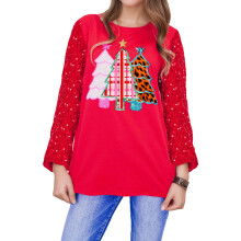 (S, Red) Pull ample de Noël pour femme, à sequins, manches longues, col rond, style streetwear décontracté