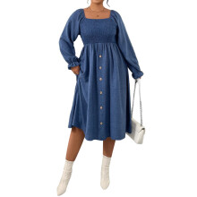 (XL, Blue) Robe midi trapèze à manches longues et col carré boutonnée pour femme grande taille, automne