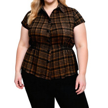 (XXL, Light Coffee) Bluze damă în carouri, mărime plus, casual, de vară, cu mânecă scurtă, cu rever, guler, nasturi, peplum