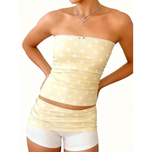 (L, Light Yellow) Γυναικεία ρούχα 2 τεμαχίων, αμάνικα μπλουζάκια, πουά, σετ σορτς. 2