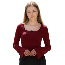 (S, Red) T-shirt femme élégant à manches longues, col carré, nœud papillon, coupe ajustée, haut d'automne streetwear