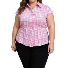 (XXXL, Rose Red) Bluze damă în carouri, mărime plus, casual, de vară, cu mânecă scurtă, cu rever, guler, nasturi, peplum