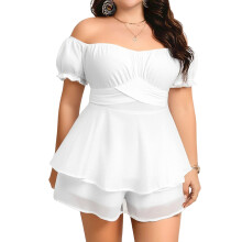 (XXXXL, White) Tuta intera estiva da donna taglie forti, tinta unita, maniche corte, spalle scoperte, gamba larga.