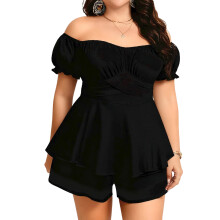 (L, Black) Tuta intera estiva da donna taglie forti, tinta unita, maniche corte, spalle scoperte, gamba larga.