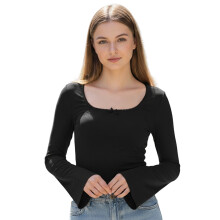 (L, Black) T-shirt femme élégant à manches longues, col carré, nœud papillon, coupe ajustée, haut d'automne streetwear