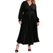 (0XL, Black) Robe longue femme plissée à manches longues, col en V, trapèze avec ceinture, parfaite pour l'automne et les fêtes.