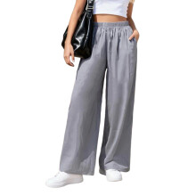 (L, Gray) Damesbroek met hoge taille, modieus, casual, effen kleur, losse pasvorm, wijde pijpen