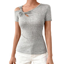 (XL, Gray) Hauts d'été femmes, T-shirt court asymétrique, couleur unie tendance, idéal pour travail et loisirs.