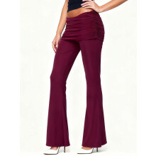 (M, Burgundy) Women's Spring Summer Flared Pants Trendy Solid Color Elastic Waistband Trousers