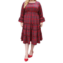(XL, Red) Robe d'automne grande taille pour femme, manches longues évasées, col rond, volants, jupe midi à carreaux