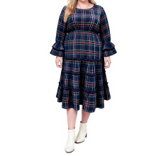 (XXXL, Navy Blue) Robe d'automne grande taille pour femme, manches longues évasées, col rond, volants, jupe midi à carreaux