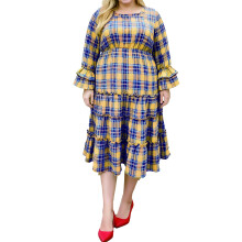 (XXXL, Yellow) Robe d'automne grande taille pour femme, manches longues évasées, col rond, volants, jupe midi à carreaux