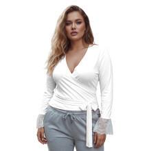 (XXXL, White) Bluze de toamnă pentru femei, mărimi mari, cu decolteu în V, dantelă lungă, mânecă lungă, slim fit.