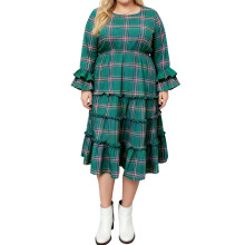 (XL, Green) Robe d'automne grande taille pour femme, manches longues évasées, col rond, volants, jupe midi à carreaux