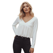 (S, White) Hauts en maille transparente pour femmes, chemises tendance unies à manches longues et col rond pour l'automne