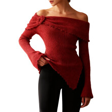 (S, Red) Pull en maille pour femme, automne, manches longues, épaules dénudées, motif floral, bord-côte, coupe ajustée