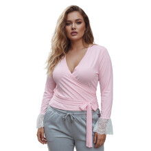 (XL, Pink) Bluze de toamnă pentru femei, mărimi mari, cu decolteu în V, dantelă lungă, mânecă lungă, slim fit.