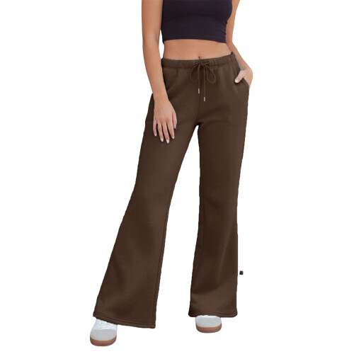 (L, Brown) Γυναικεία Casual Παντελόνια με Ελαστική Μέση και Τσέπες, Ριχτό Streetwear