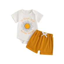 (12-18 Months, White) Babybroekjesset, romper met korte mouwen, ronde hals en print van zonnetjes, 2-delige outfit