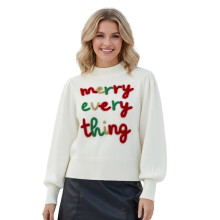 (M, White) Pull de Noël en maille pour femme, manches longues, col rond, broderie de lettres