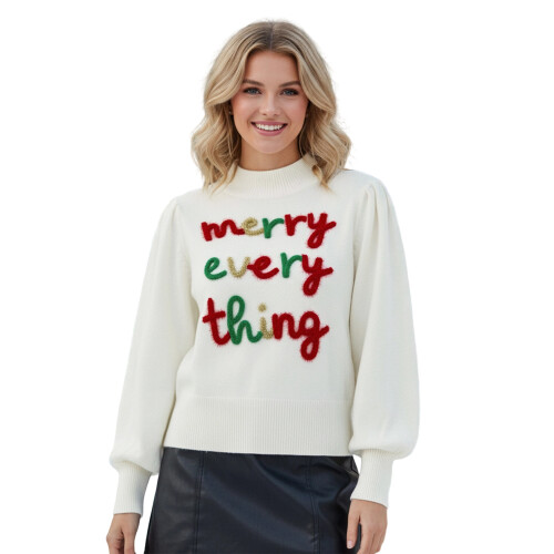 (XL, White) Γυναικείο Χριστουγεννιάτικο Πλεκτό Κεντημένα Γράμματα
