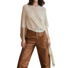 (L, Beige) Pull-poncho pour femme, col bateau, couleur unie, asymétrique, en maille, châle