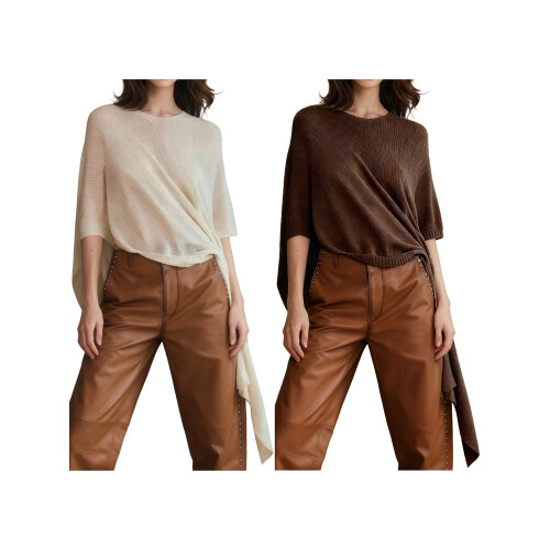 (L, Beige) Γυναικείο Πουλόβερ Πόντσο Πλεκτό Μπλουζάκι 1
