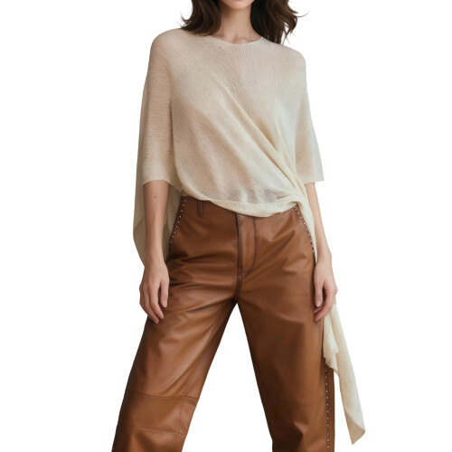 (S, Beige) Γυναικείο Πουλόβερ Πόντσο Πλεκτό Μπλουζάκι