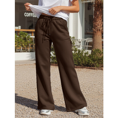 (L, Brown) Γυναικεία Casual Παντελόνια με Ελαστική Μέση και Τσέπες, Ριχτό Streetwear 2