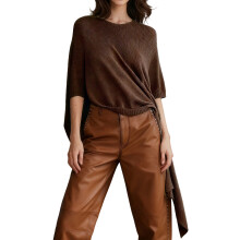 (XL, Dark Brown) Pull-poncho pour femme, col bateau, couleur unie, asymétrique, en maille, châle