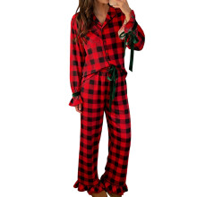 (M, Red Plaid) Vánoční pyžamo pro maminku a dceru, dlouhé rukávy, kostkované, knoflíkové, V-výstřih