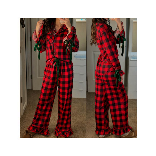 (M, Red Plaid) Σετ Χριστουγεννιάτικες πιτζάμες μακριά μανίκια. 1