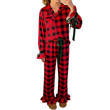 (5-6 Years, Red Plaid) Vánoční pyžamo pro maminku a dceru, dlouhé rukávy, kostkované, knoflíkové, V-výstřih
