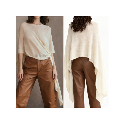 (S, Beige) Γυναικείο Πουλόβερ Πόντσο Πλεκτό Μπλουζάκι 1