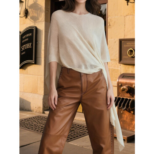 (XL, Beige) Γυναικείο Πουλόβερ Πόντσο Πλεκτό Μπλουζάκι 2