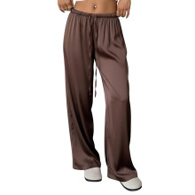(M, Coffee) Damen-Satin-Freizeithose, einfarbig, elastischer Bund, lockere, weite Hose für alle Jahreszeiten