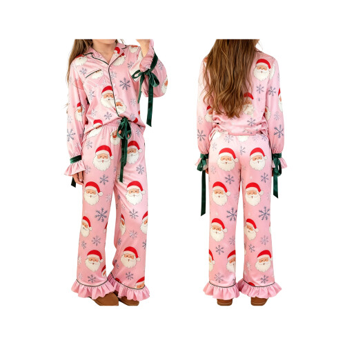 (7-8 Years, Pink Santa) Σετ Χριστουγεννιάτικες πιτζάμες μακριά μανίκια. 1