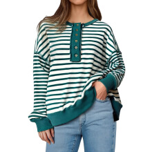 (S, Dark Green) Sweat-shirts oversize col rond femmes, manches longues, boutons devant, rayé, coupe ample, style streetwear.