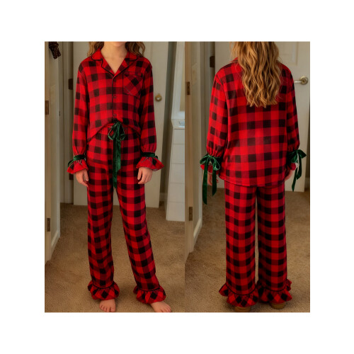 (11-12 Years, Red Plaid) Σετ Χριστουγεννιάτικες πιτζάμες μακριά μανίκια. 2