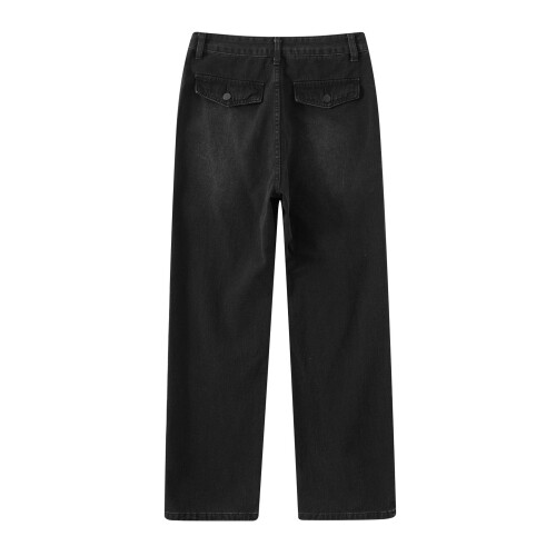 (S, Black) Γυναικείο Cargo τζιν φαρδιά μπατζάκια，τσέπες 1